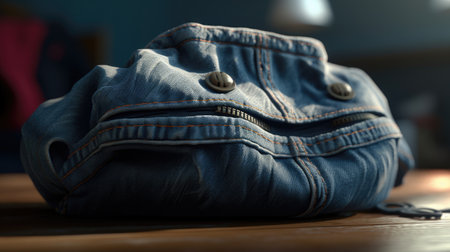 Blue jeans on a wooden table, close-up, selective focusの素材
