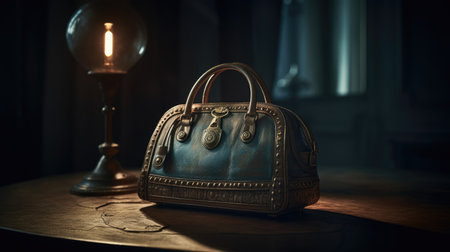 Vintage handbag on the table in the dark. Selective focus.の素材