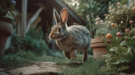 Illustration of a rabbit playing in the garden looking for carrot plantsの素材
