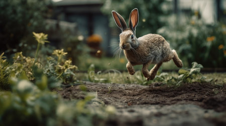 Illustration of a rabbit playing in the garden looking for carrot plantsの素材