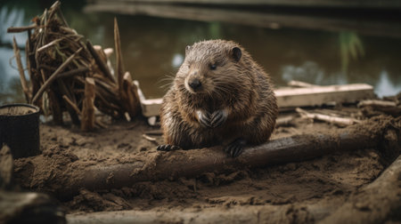 Illustration of a beaver building a road to walk through,in the forestの素材