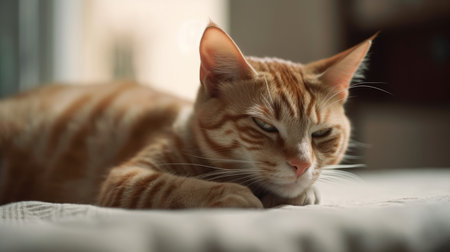 Illustration of a cat sleeping in the living room of the house, adorableの素材