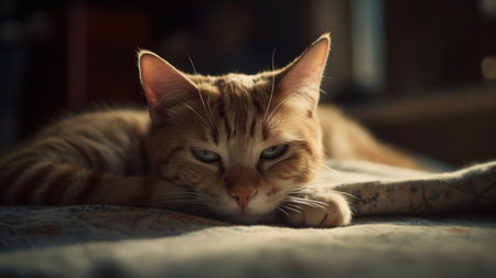 Illustration of a cat sleeping in the living room of the house, adorableの素材