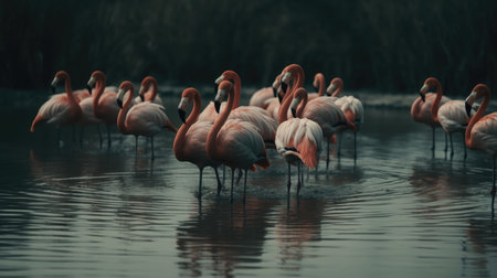 Illustration of a group of flaminggo birds gathering in a shallow riverの素材