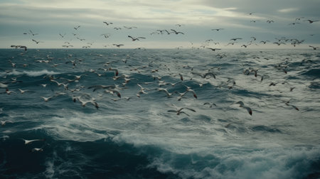 Illustration of a group of birds flying over the waves of the seaの素材