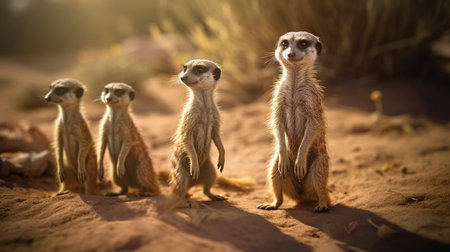 Illustration of Meerkats standing looking at the situation, in the forestの素材