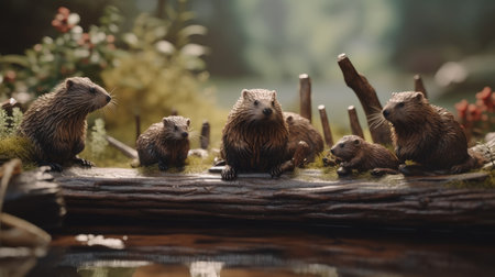 Illustration of a group of beavers on the edge of a river, in the forestの素材
