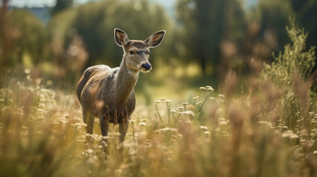 Illustration of a deer on standby in the middle of a meadow, adorableの素材