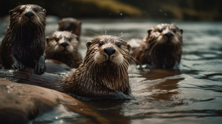 a group of otters playing in a river, in the forestの素材