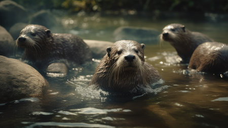 a group of otters playing in a river, in the forestの素材