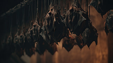 a group of bats hanging upside down, in the forestの素材