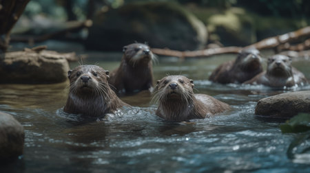a group of otters playing in a river, in the forestの素材