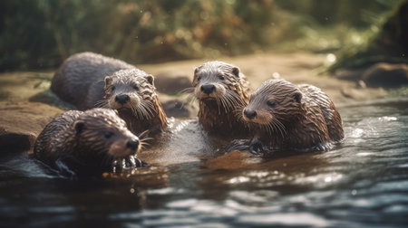 a group of otters playing in a river, in the forestの素材