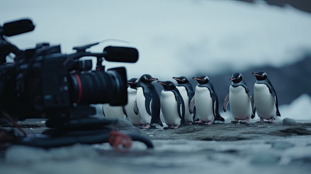 a group of penguins hudled together in the seaの素材