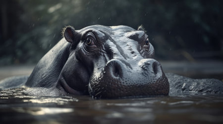 a hippopotamus soaking in a river, in the forestの素材
