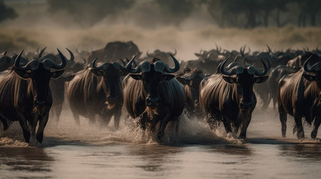 Wildebeest crossing the Chobe River in Botswana, Africaの素材
