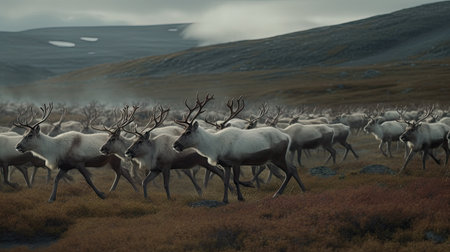 a herd of caribou migrating across the tundraの素材