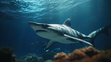 a hammerhead shark swimming in the sea,blue seaの素材