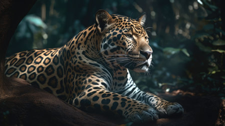 a jaguar  lounging in a tree, in the forestの素材