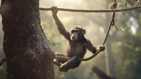a monkey swinging from a tree, in the forestの素材