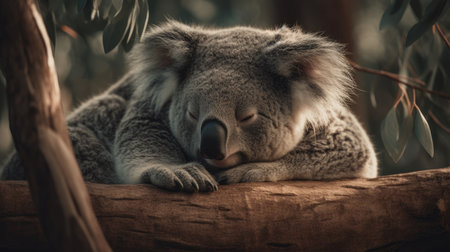 a koala sleeping in a tree, in the forestの素材