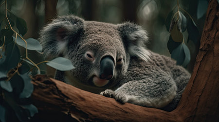 a koala sleeping in a tree, in the forestの素材