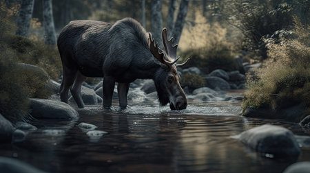 a moose drinking from a stream, in the forestの素材