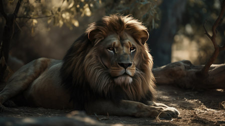 a lion roaring in the savannah, in the forestの素材