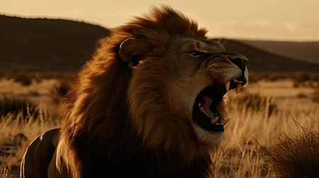 a lion roaring in the savannah, in the forestの素材