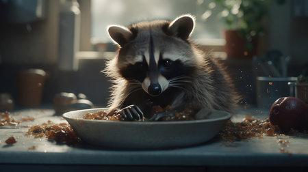 a raccoon washing its foodの素材