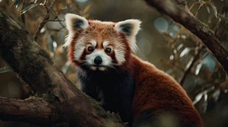 a red panda eating bamboo, in the forestの素材