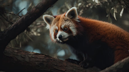 a red panda eating bamboo, in the forestの素材