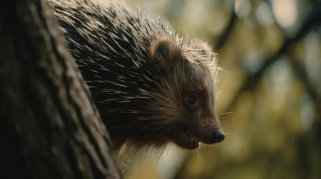 a porcupine climbing a tree, in the forestの素材