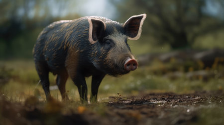 a pig in a pasture fre to roam, in the forestの素材