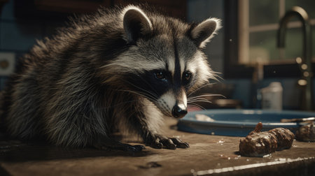 a raccoon washing its foodの素材