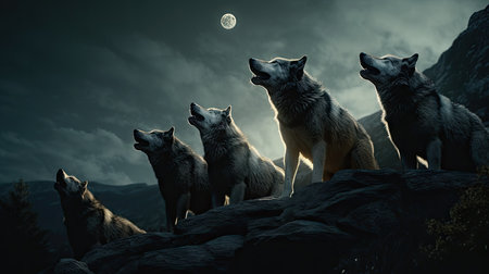 a pack of wolves hunting together, in the forestの素材