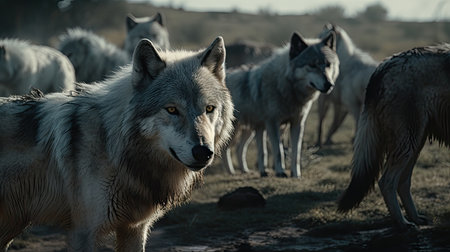 a pack of wolves hunting together, in the forestの素材