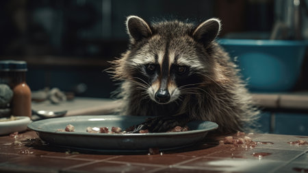 a raccoon washing its foodの素材