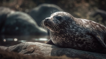a seal sunbathing on a rock, at the seaの素材