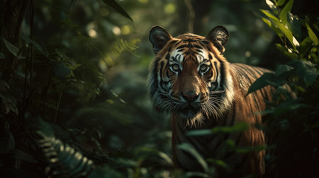 a tiger stalking throught the junggle, in the forestの素材