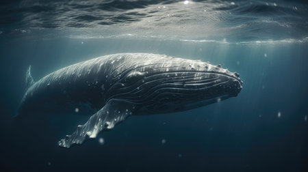 Humpback whale swimming underwater in the ocean. Toned.の素材