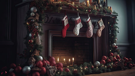 A decorated fireplace mantle with stockings and garland, awesomeの素材