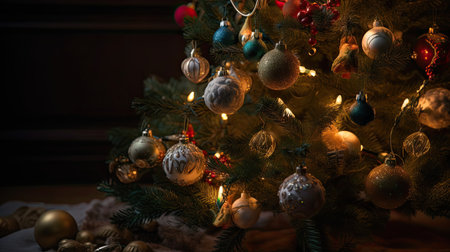 A Christmas tree with ornaments and lights, sweetsの素材