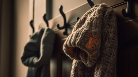 A pair of mittens hanging from coat hook, ilustrationの素材