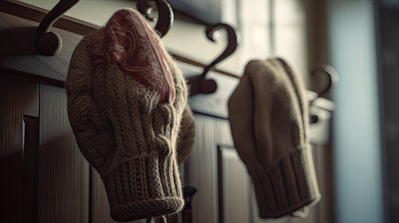 A pair of mittens hanging from coat hook, ilustrationの素材