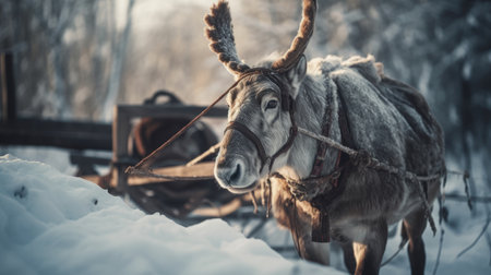 A reindeer pulling a sled through the snow, ilustrationの素材