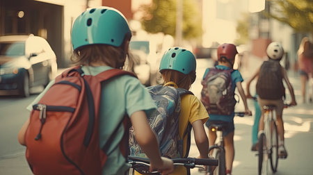 Illustration of children walking together to school, 3d realisticの素材