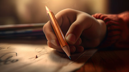 Realistic 3D illustration of hand holding pencil, realisticの素材