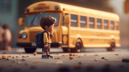 Illustration of a child riding a school bus, cartoonの素材