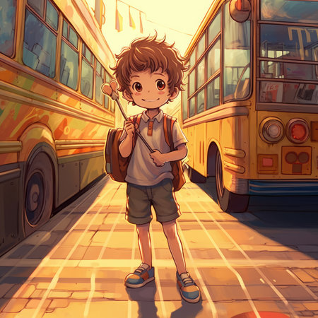 Illustration of a child riding a school bus, cartoonの素材